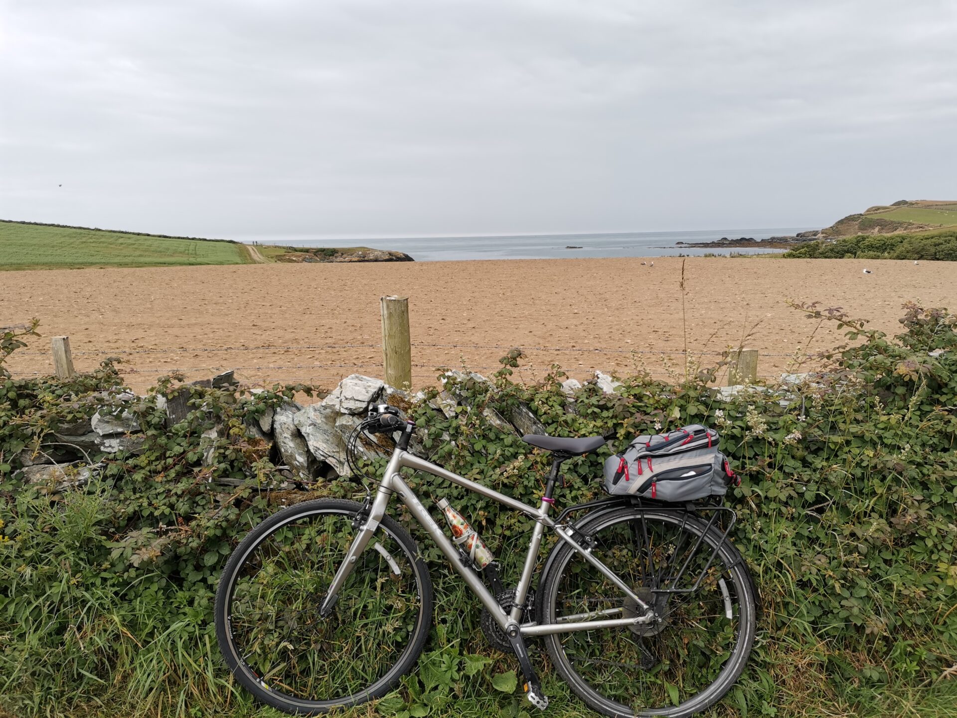 A bicycle leans on a wall. Beyond lies a corn field an the sea at Anglesey