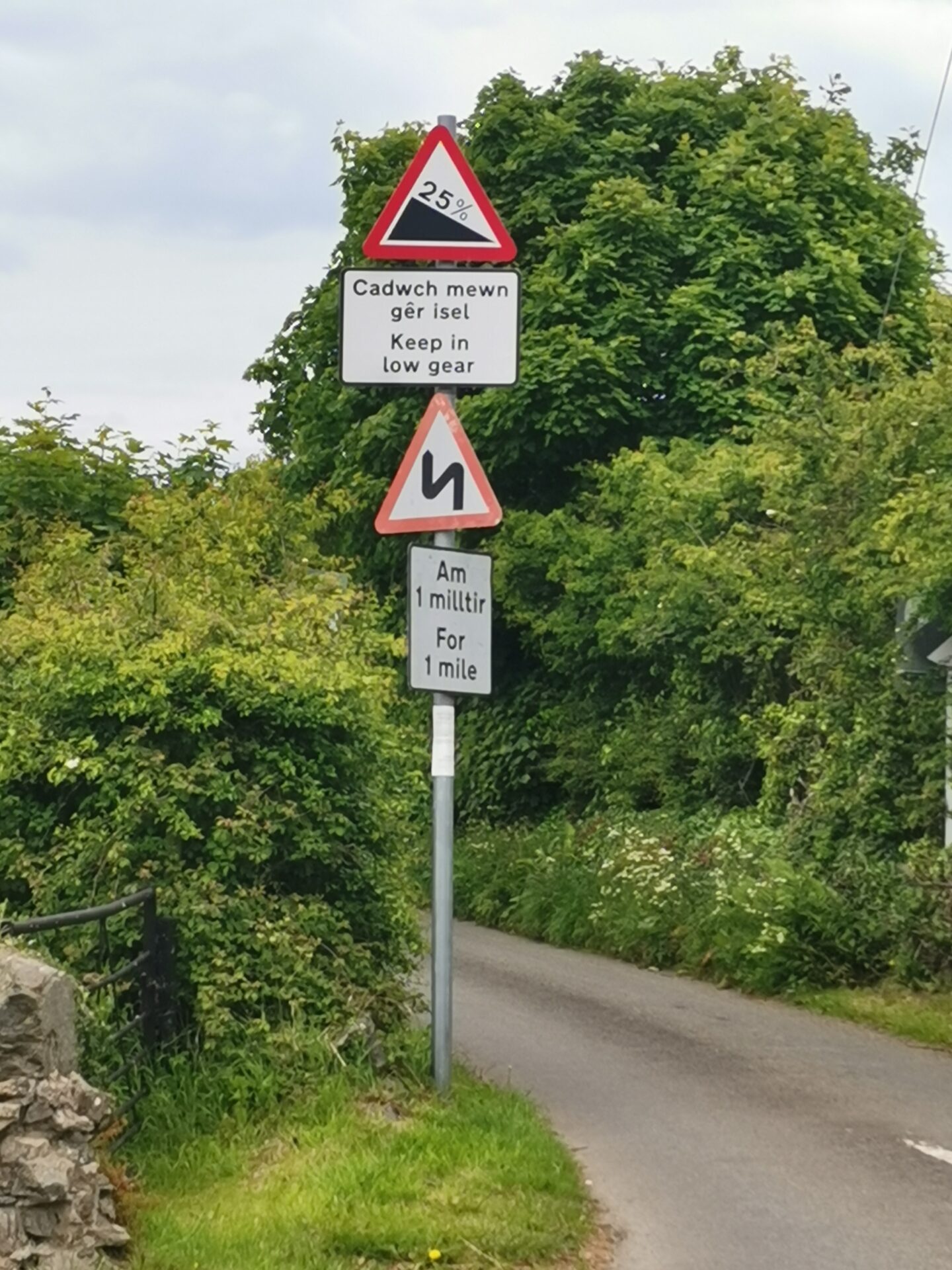 A road sign warning of bends and steep 25% hill
